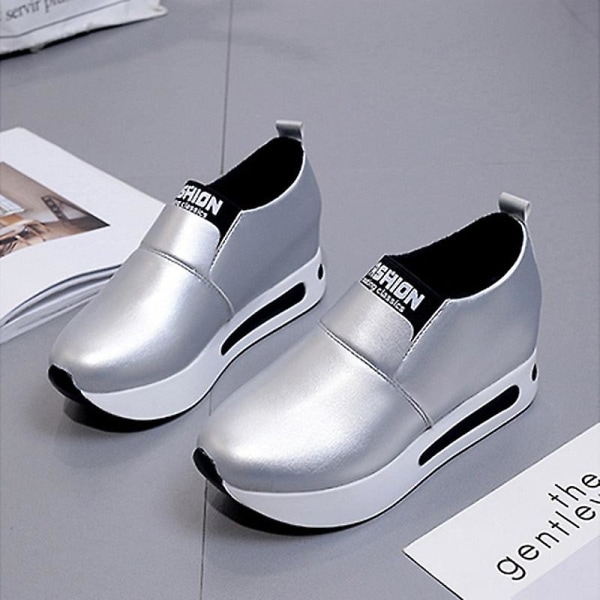 Casual Platform Dam Sport Flock Slip-on Sneakers Silver 6.5