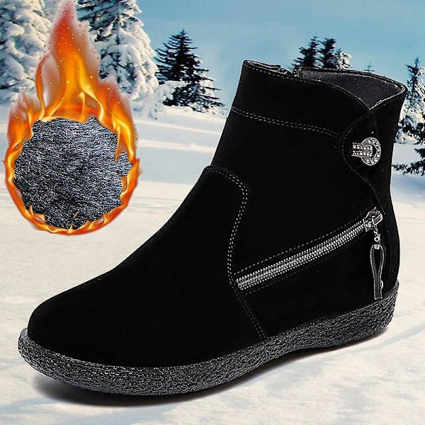 Kvinnors snökängor, vintervarm päls mocka platt fotkänga Black 1 40