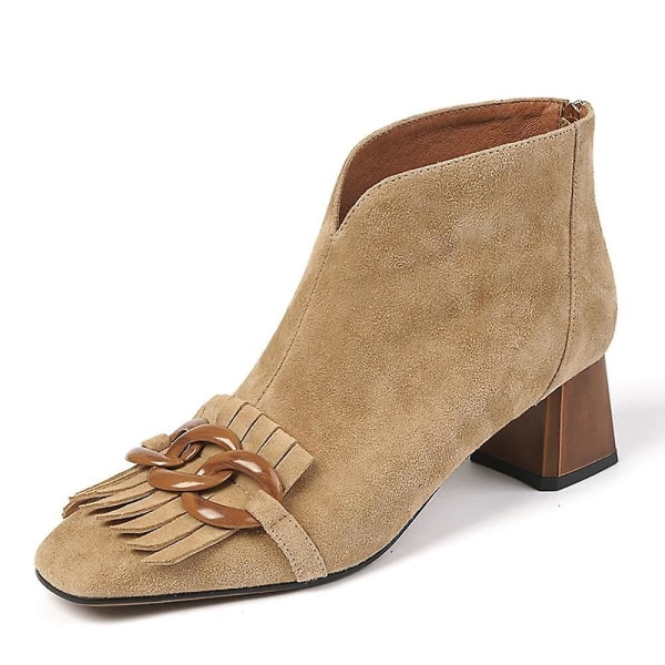 Får Mocka Fringe Ankel Chunky Högklack Fyrkantiga Tofs Boots camel short plush 4
