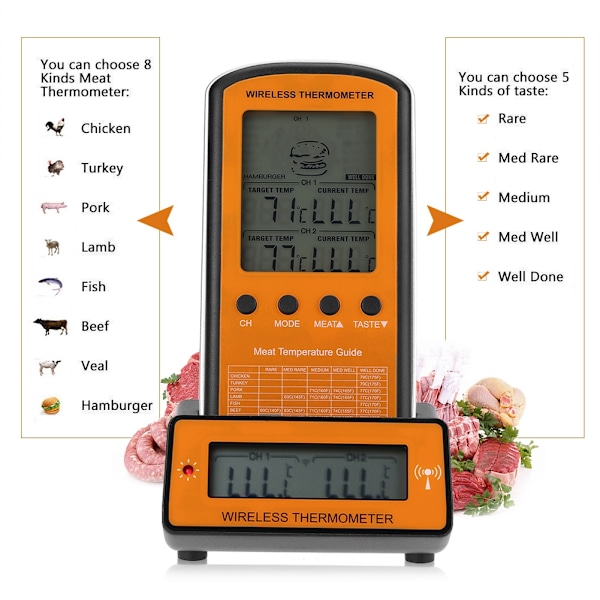 Trådlös fjärrkontroll LCD Digital Mattermometer med Dubbla Prober för BBQ Ugn Köksmatlagning