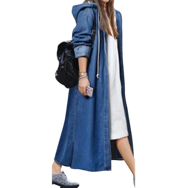 Kvinnor överstorlek Hooded Denim Jacka Maxi Jean Coat Outwear Överrock XL