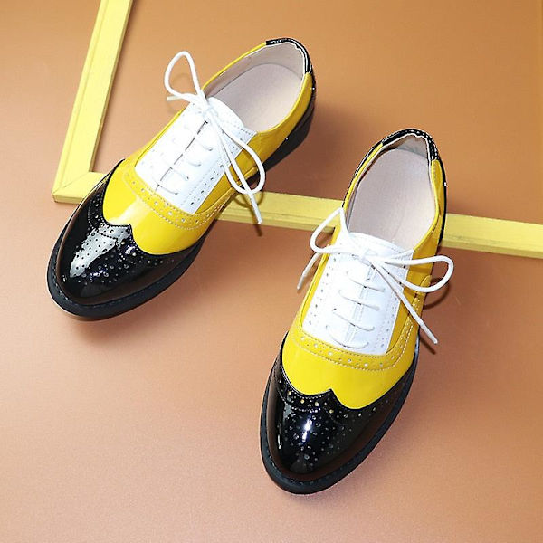 Women's Flats Oxfords Sneakers i äkta läder - Svart Gul Vit 9