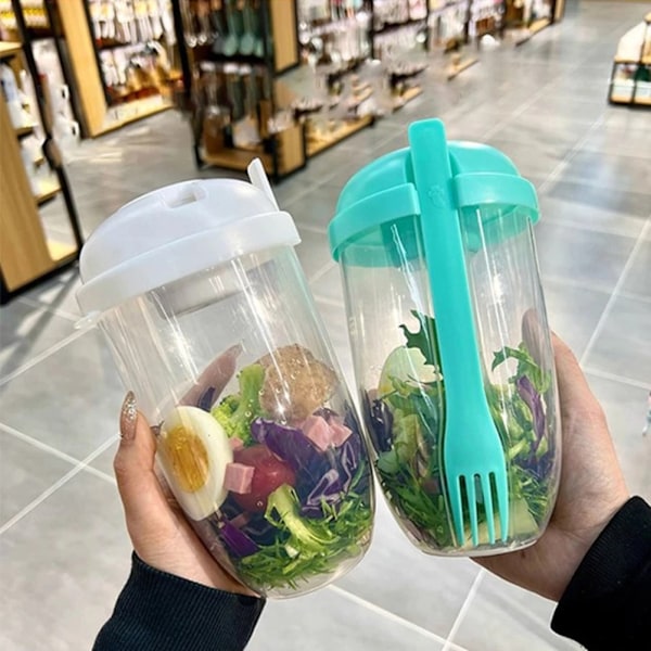 Färsk Salladsbehållare Serveringsmugg med Dressingbehållare Gaffel Portabel Plast Matförvaringsflaska för Picknicklunch
