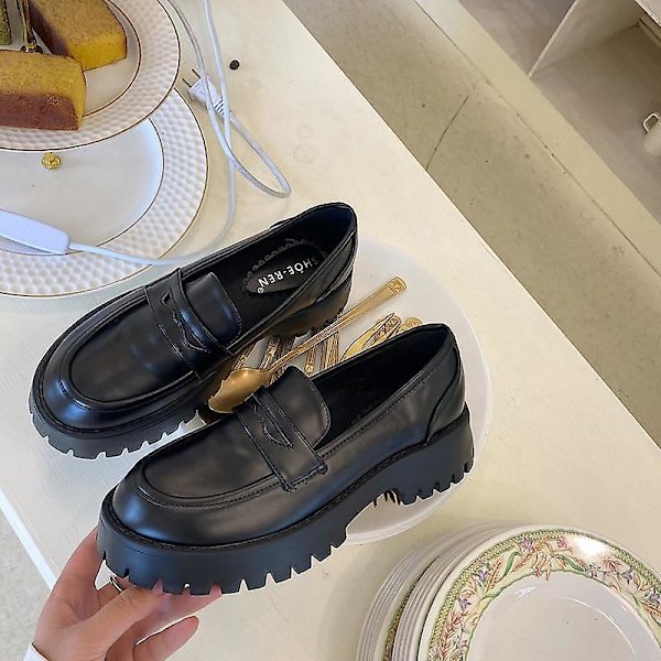 Rundtå Chunky Heel, Street Style Platform, Loafers Skor 4