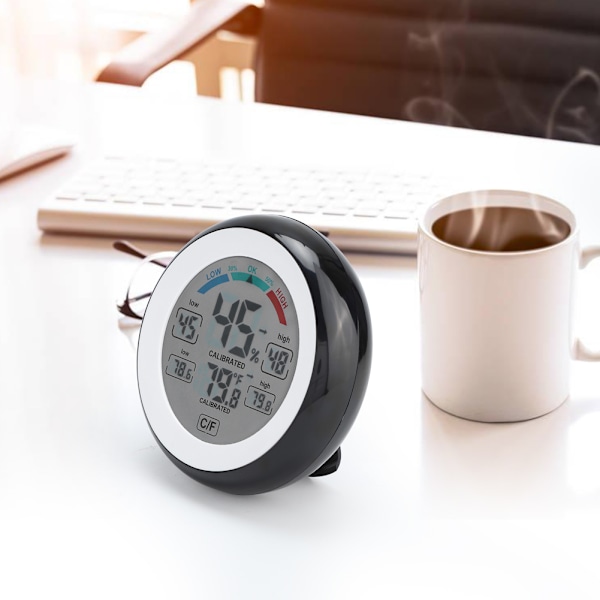 Digital LCD Touch Screen Termometer Hygrometer Temperatur Luftfuktighetstemperaturmätare för Hushåll Inomhus Svart