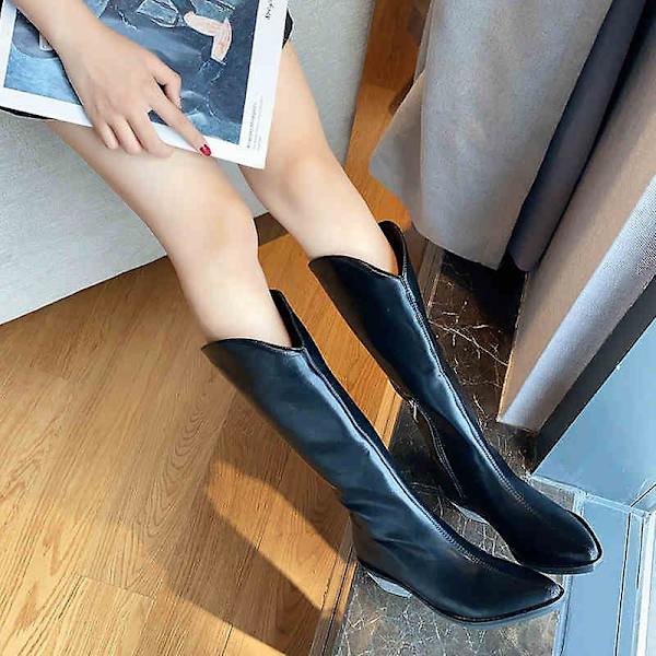 Winter Western Cowboy långa kvinnor spetsiga tå läderstövlar BLACK 5.5