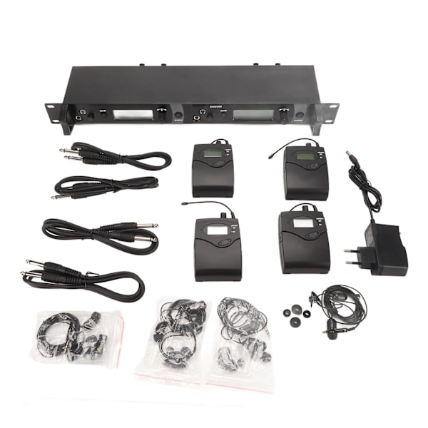 Trådlöst hörlursmonitorsystem 2 kanaler 4 bodypacks Helt i metall UHF scenmonitorsystem för studio 100–240 V EU-kontakt