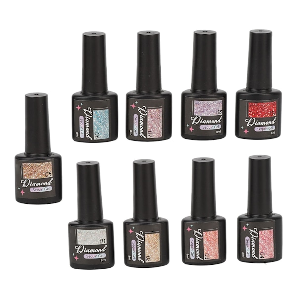 9 st Glitter Gel Nagellack Set 8ml Flerfärgade Diamantnaglar för DIY Konstdesign