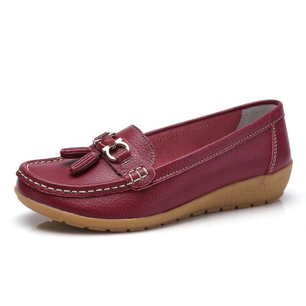 Dam Flats Äkta läder Balett Loafers Slip-on platta skor Wine Red 7.5