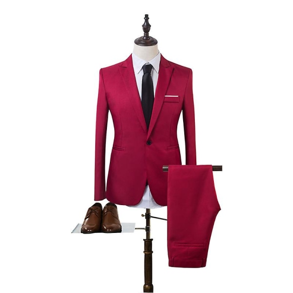 Män 2-delad Business formell kostym Set Slim Fit Blazer Byxor röd XXL