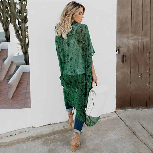 Kvinnor Blommig Kimono Cardigan Lång Maxi Öppen Front Blus Topp M