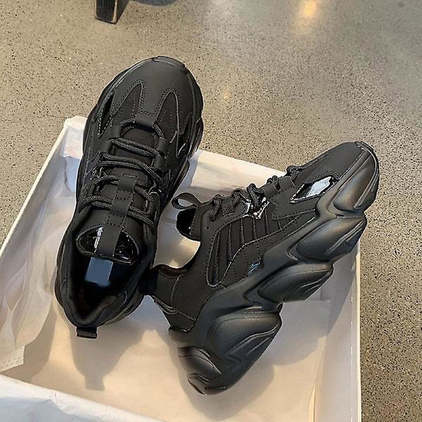 Dam Snörning Tjock Platå Casual Läderskor, Bekväma Promenadskor Black 7.5