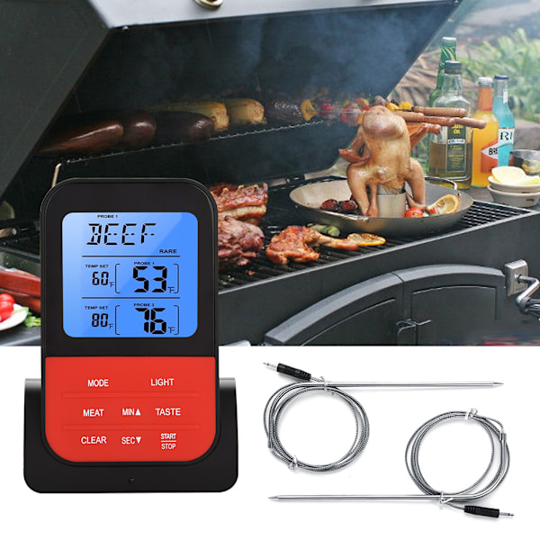 LCD Digital Matlagnings Termometer med Dubbla Probsensorer Timer för Matlagning Bakning BBQ (Svart Bas)