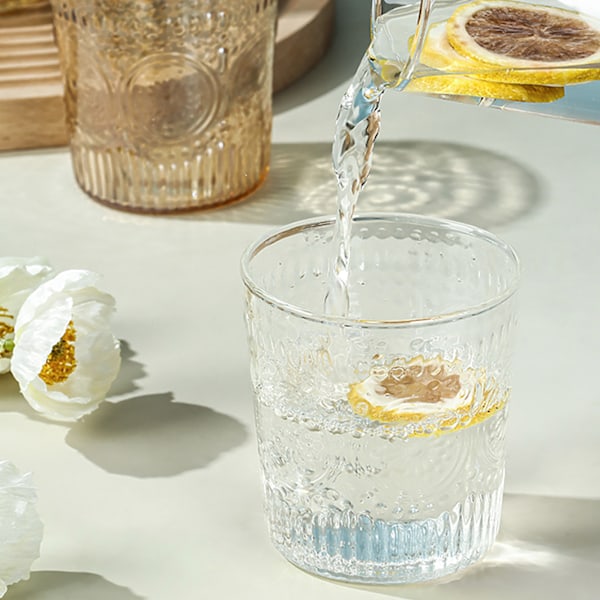 Vintage Transparent Vattenkylare Sängkanna och Glas Set Lättvikts Glas Vattenflaska