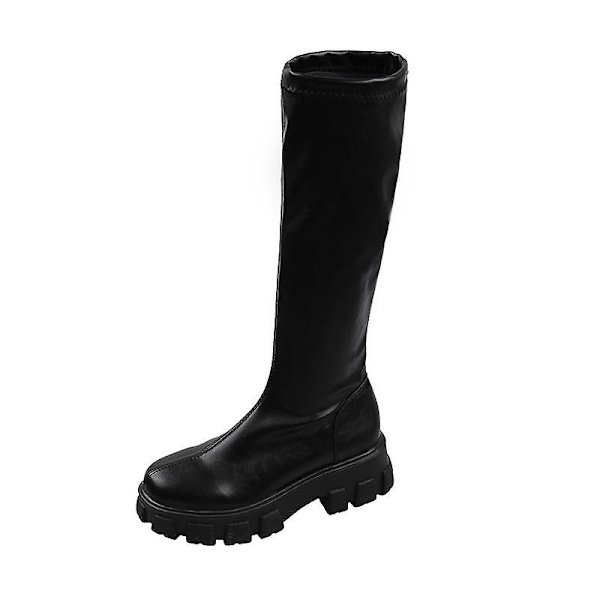 Chunky tjock sula Rund tå Ren färg Shallow Mouth Slip damstövlar 40 / Black-Low-Top