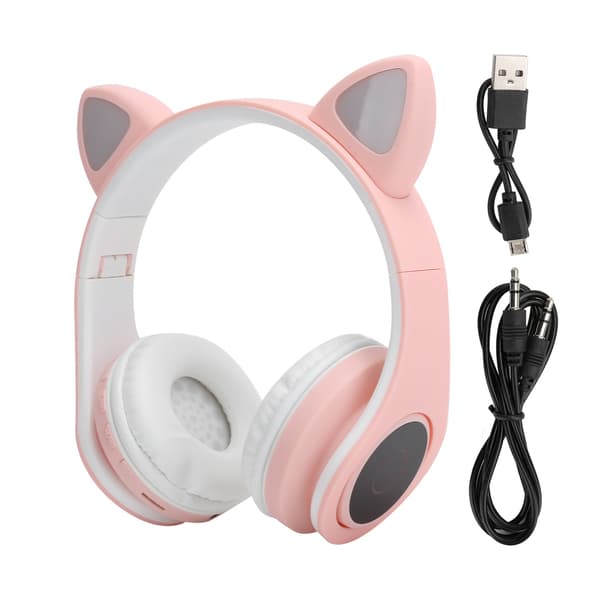 LED Brusreducerande Headset Kattöron Bluetooth 5.0 Headset med Mikrofon för Unga Människor Rosa