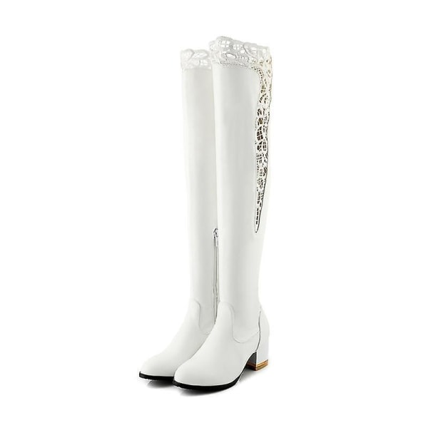 Kvinnor Over The Knee Boots Rund Toe Skor Spets höga klackar white thick plush 4