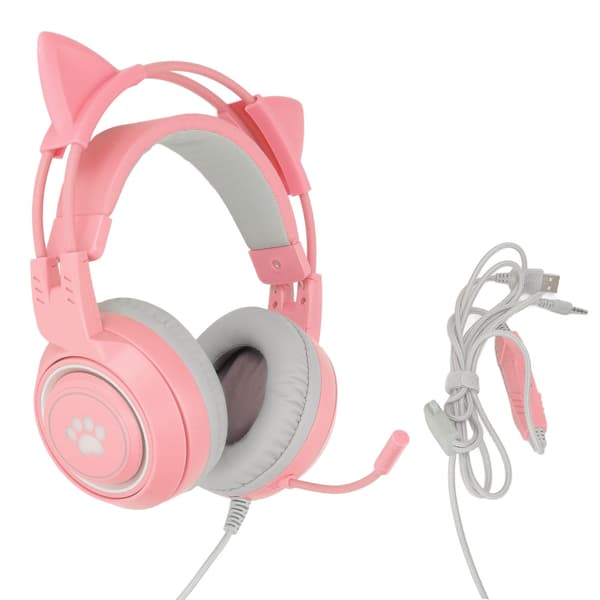 SYG25 Spelheadset med kattöron USB+3,5 mm-kontakt Spelhörlurar Stöder volymjustering Mikrofonstumning (Rosa)