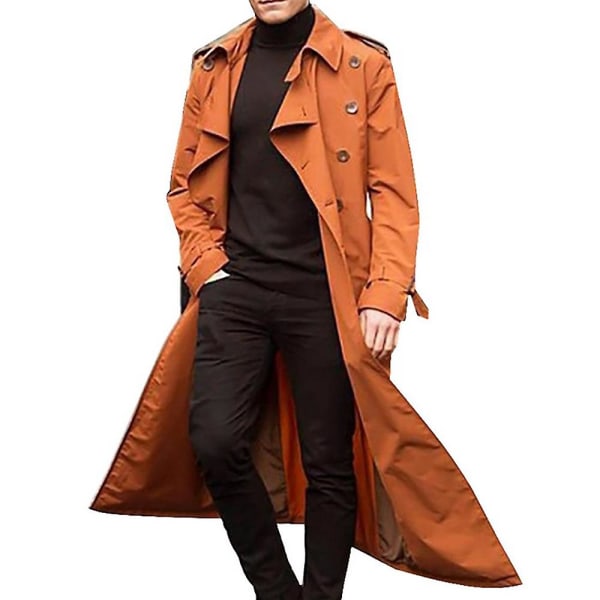 Män Lång Trench Coat Lapel Overcoat Casual Jacka Vanliga Ytterkläder Toppar orange XL