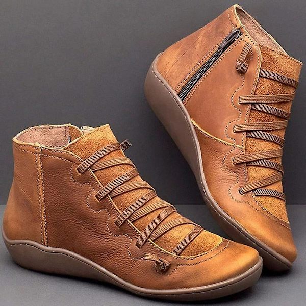Ankelboots i PU-läder för dam, Punkboots med korsremmar (Set-2) brown-A 7.5