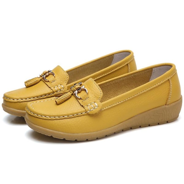 Dam Flats Äkta läder Balett Loafers Slip-on platta skor Earth yellow 9