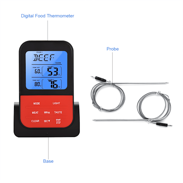 LCD Digital Matlagnings Termometer med Dubbla Probsensorer Timer för Matlagning Bakning BBQ (Svart Bas)