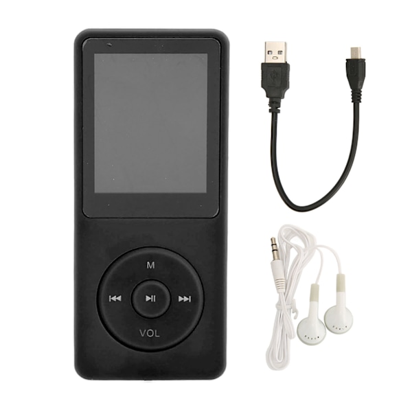 MP3-spelare 1,8 tum TFT HD-skärm Inbyggd mikrofon FM-funktion Mini bärbar musikspelare med hörlurar Svart