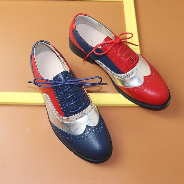 Women's Flats Oxfords Sneakers i äkta läder - Blå Silver 6.5