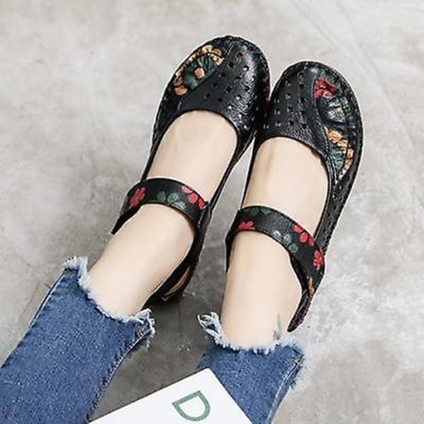 Vårmode Blomma Design Rund Toe Mjuk Botten Platta Skor 989 black sandals 6