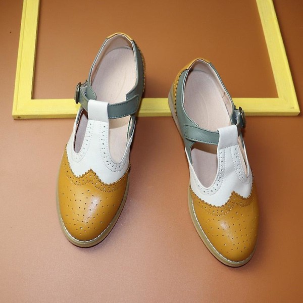 Women's Flats Oxfords Sneakers i äkta läder - Gul Vit 7.5