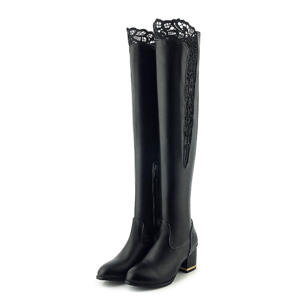 Kvinnor Over The Knee Boots Rund Toe Skor Spets höga klackar black thick plush 6