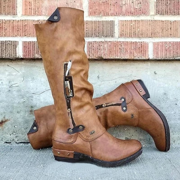 Nya kvinnliga mid kalv vintage brittiska Pu-läderstövlar Brown 41