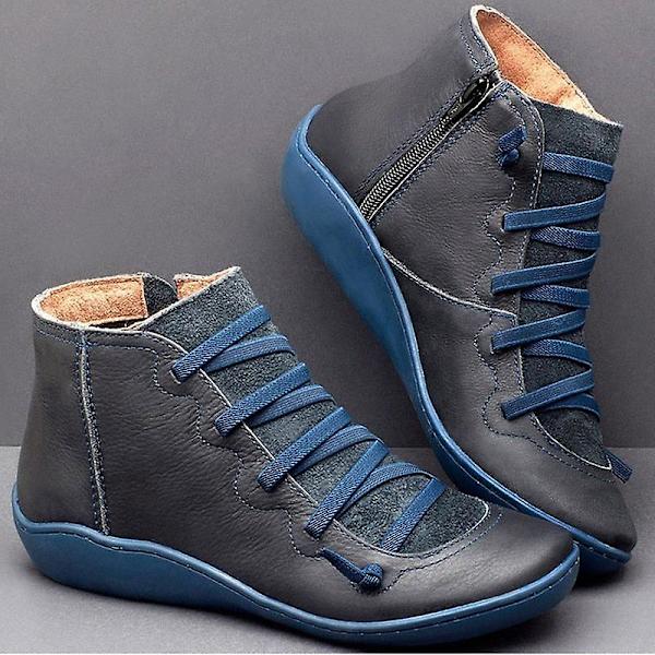 Ankelboots i PU-läder för dam, Punkboots med korsremmar (Set-2) blue-A 6.5