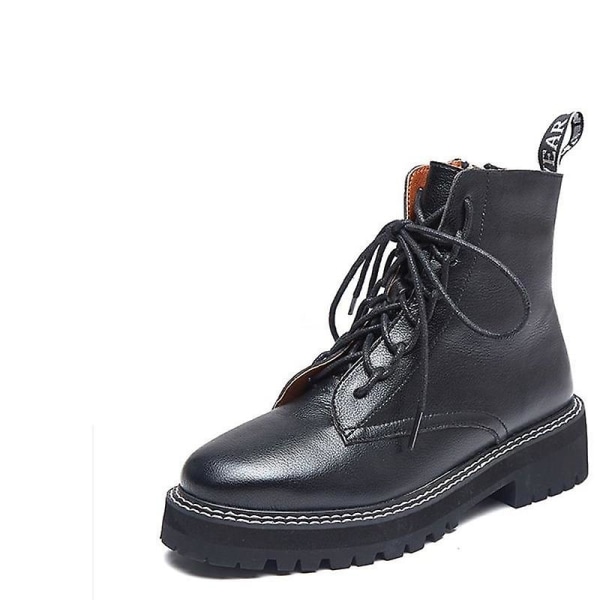 Kvinnors ankel äkta läder, höst-vinter päls snöstövlar black leather 9.5