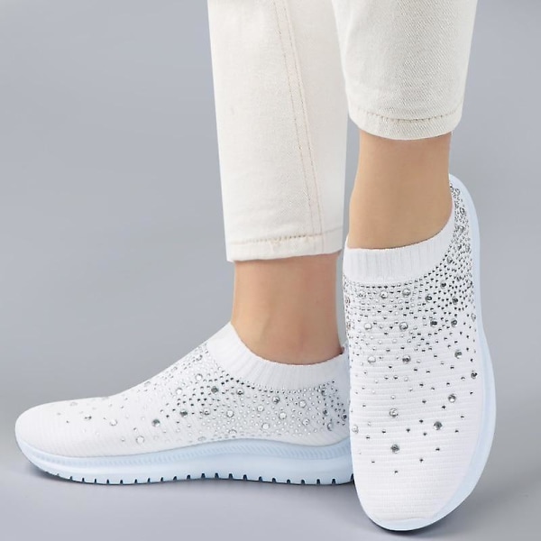 Women Trainers Stickade Slip-on Sock Skor / Sneakers WHITE 9.5
