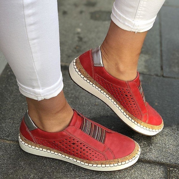 Kvinnor Handsydd Randig Andas Elastisk Retro Casual Flat Sneaker Red1 43