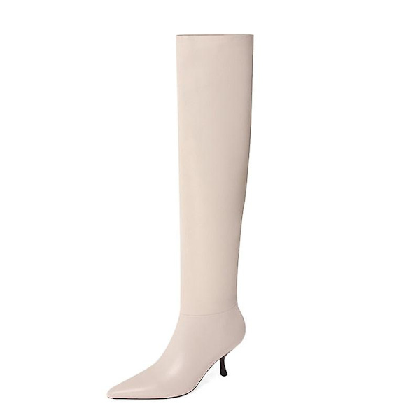 Kvinnor högklackade långa stövlar i äkta läder Beige Synthetic Lin 9
