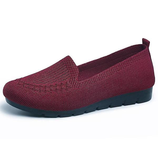 Kvinnor stickar andningsbara Loafers Platt balett, lätt sneaker red1 9