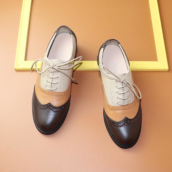 Kvinnors Flats Oxfords Sneakers i äkta läder - Brun Orange Nude 7.5