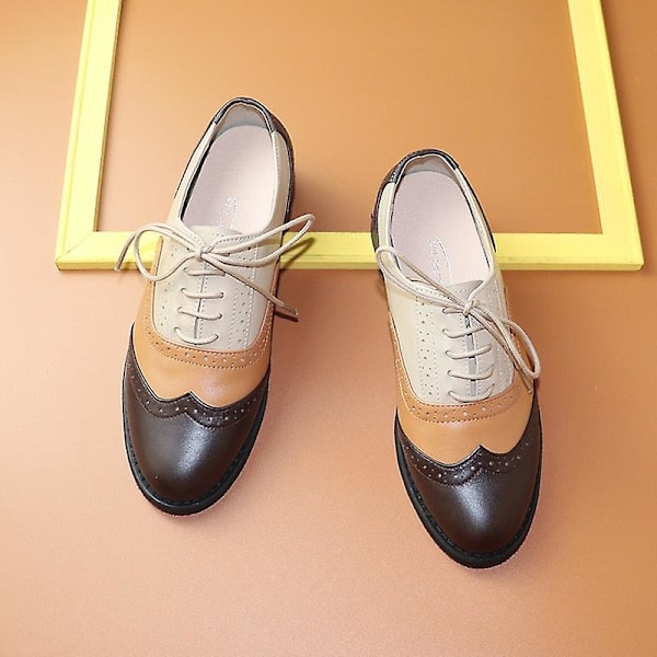 Kvinnors Flats Oxfords Sneakers i äkta läder - Brun Orange Nude 9