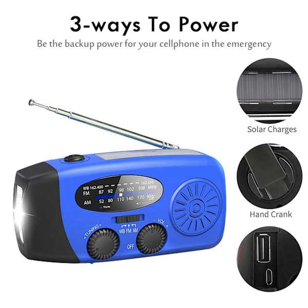 Portabel Nödradio med Solpanel och Handvev 1000mah, Nödradio med LED-ficklampa SOS-alarm Handvevsradio för utomhusnöd