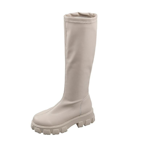 Chunky tjock sula Rund tå Ren färg Shallow Mouth Slip damstövlar 39 / White-Low-Top