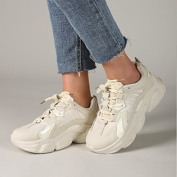 Dam Snörning Tjock Platå Casual Läderskor, Bekväma Promenadskor Beige 6.5