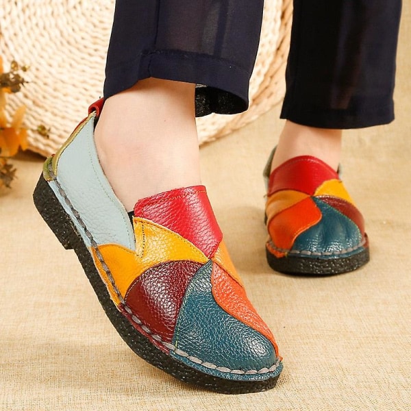 Dam Läder Loafers Slip-on Sydda Ballerinaskor Green 9