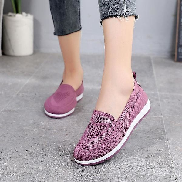 Kvinnor stickar andningsbara Loafers Platt balett, lätt sneaker red2 9