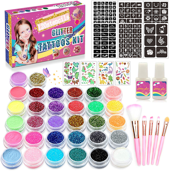 Glitter Tattoo Set 32 Färger Temporär Smink Kit för Barn Vuxna Kroppskonst Karneval Födelsedagsfest