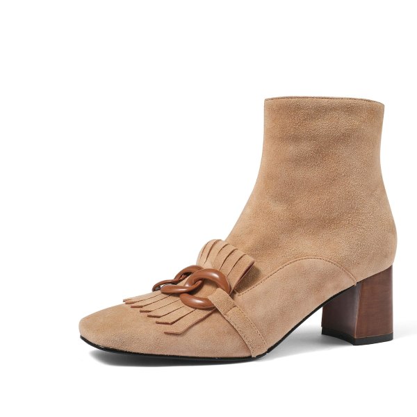 Får Mocka Fringe Ankel Chunky Högklack Fyrkantiga Tofs Boots camelshortplush6cm 5