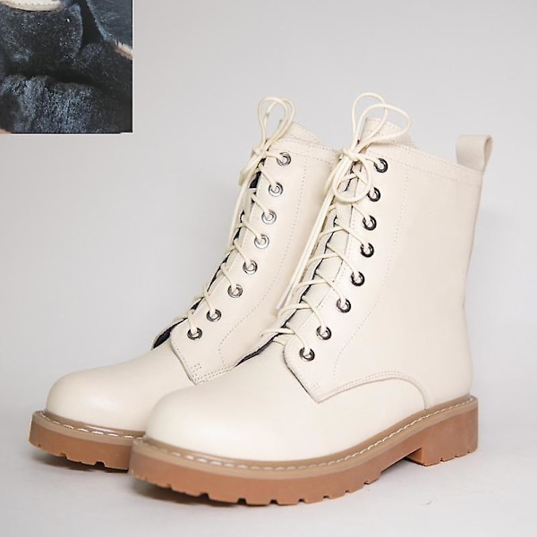 Kvinnor Höst Vinter Låg Klack Cross Strap Läder Ankel Boots Beige L Plush Inside 40 /