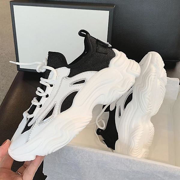 Dam Snörning Tjock Platå Casual Läderskor, Bekväma Promenadskor Black 7.5
