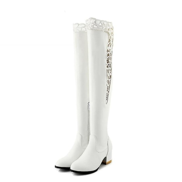 Kvinnor Over The Knee Boots Rund Toe Skor Spets höga klackar white thick plush 6